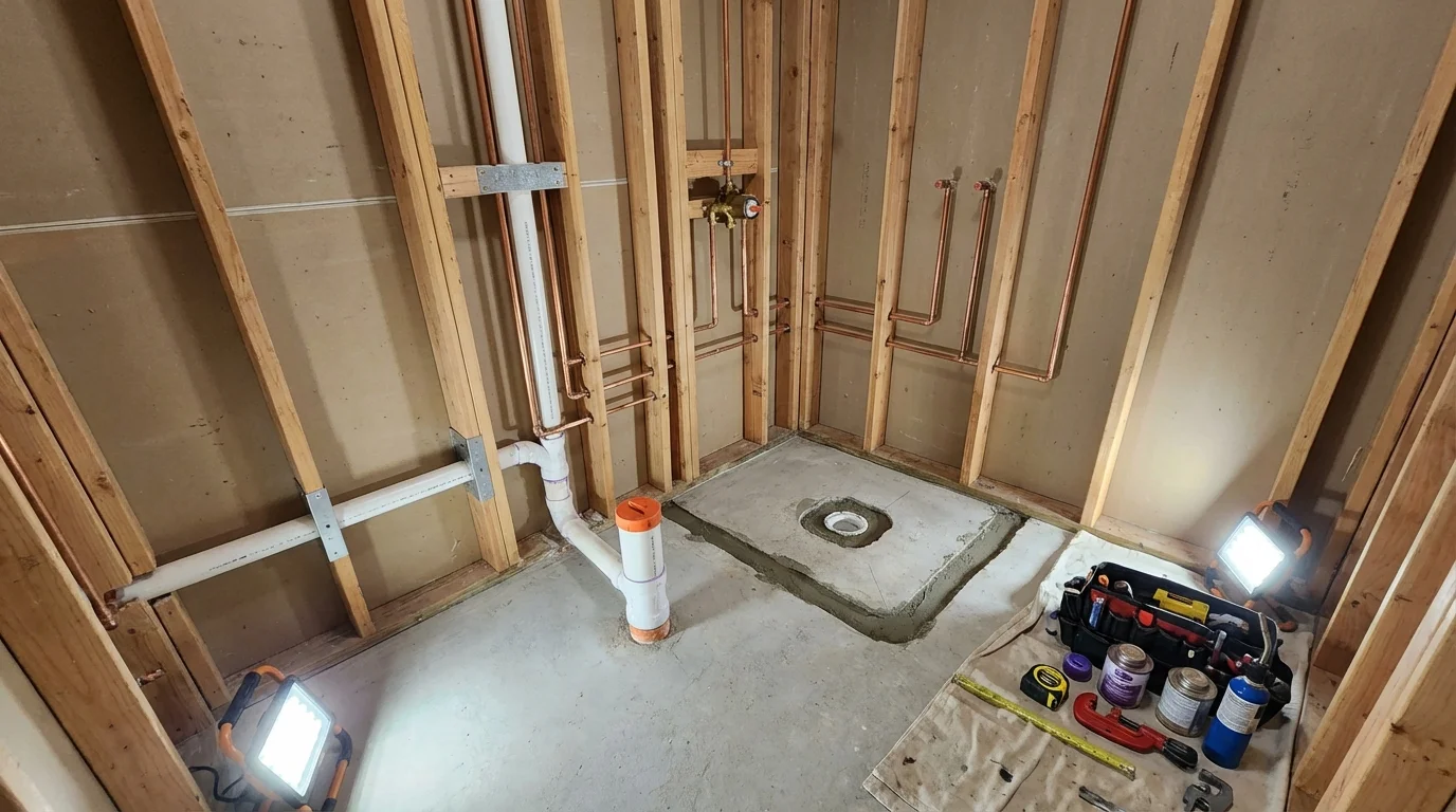 Bathroom rough-in plumbing during remodel by Johns Plumbing LLC in Cumming