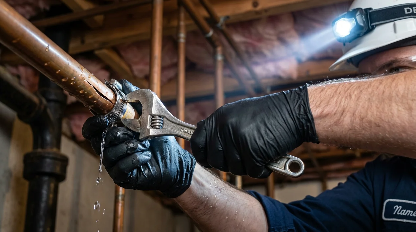 Emergency pipe clamp repair being performed by a Johns Plumbing LLC plumber in Cumming