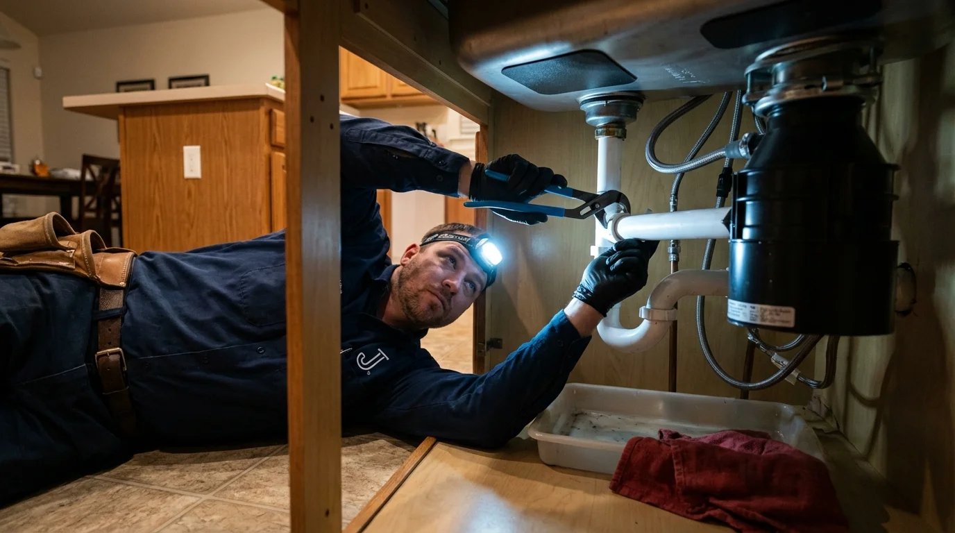 P-trap and supply line connections under a kitchen sink showing a common leak point in Cumming, GA